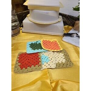5 Vintage Crochet Granny Squares Pot Holders from Afghan Inspiration.